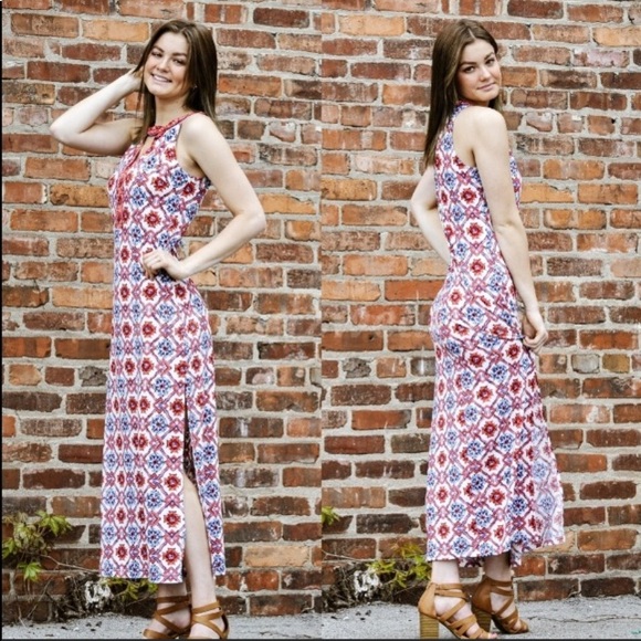 Red/Blue Geometric Sleeveless Maxi Dress - Picture 3 of 3